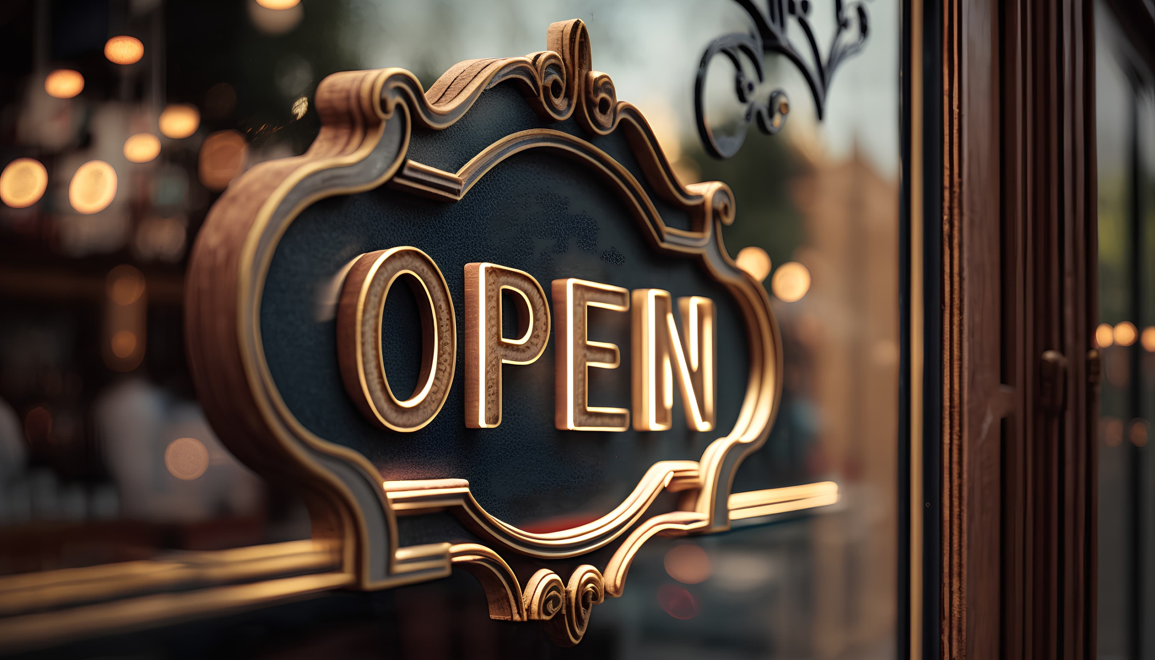 Ornate gold 'OPEN' sign on a glass door with warm blurred lights in the background.