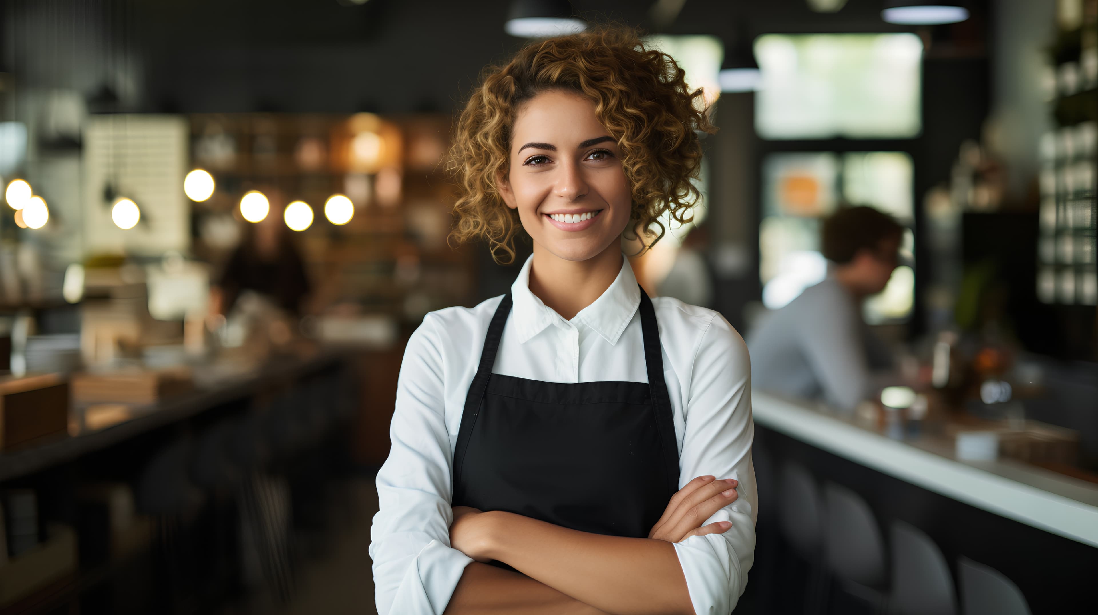 Smiling woman with curly hair wearing a black apron, arms crossed in a cafe.