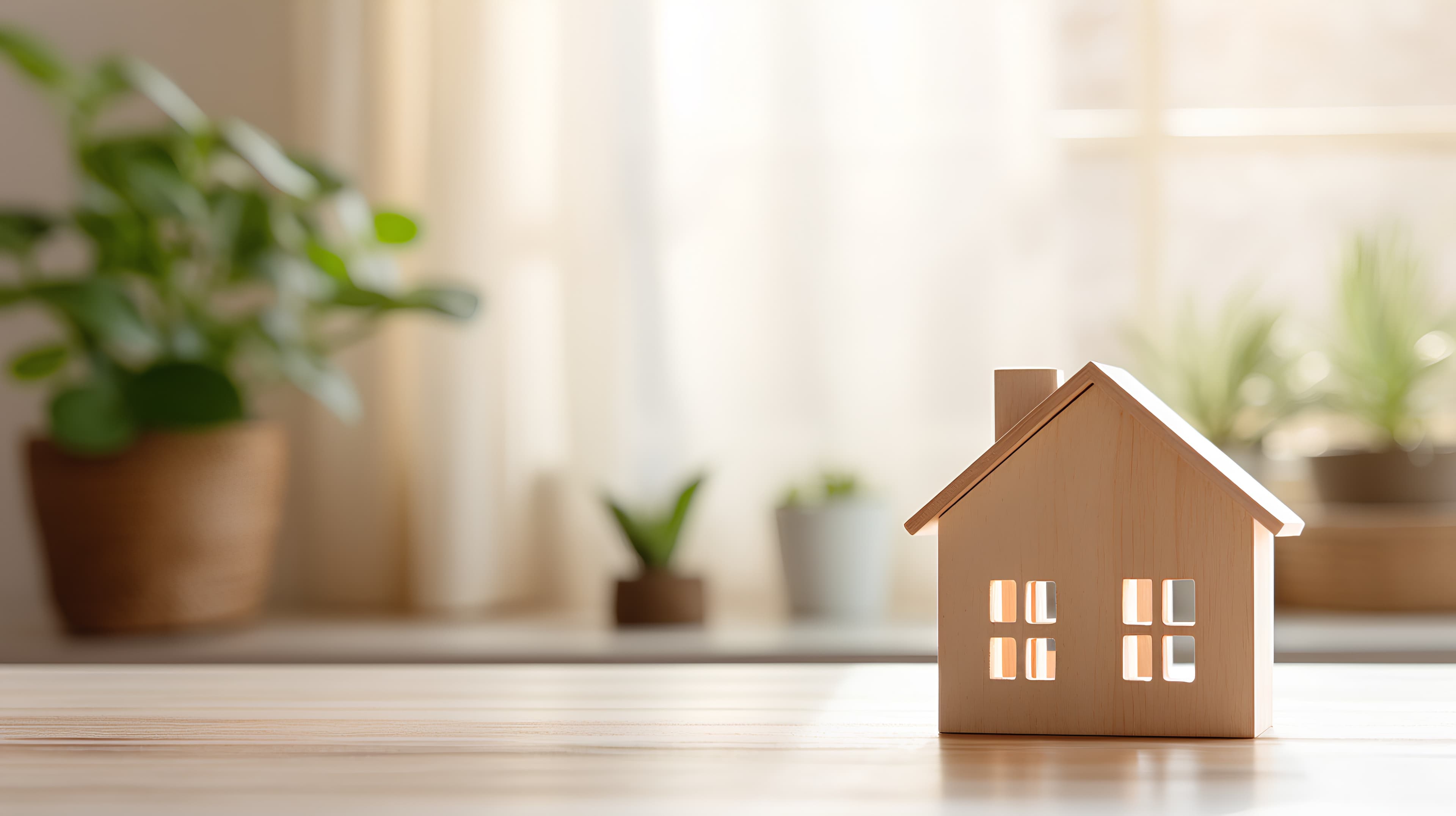 Small wooden house model on a table in a bright room with sunlit potted plants.