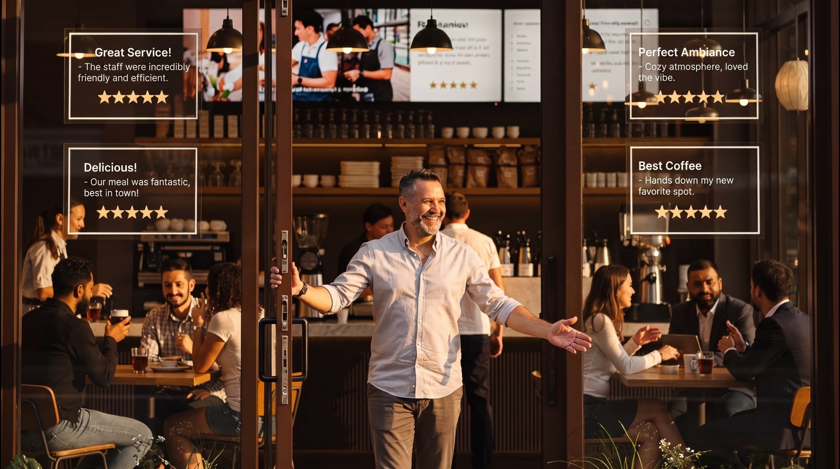 Smiling man welcomes guests into a cozy cafe featuring multiple five-star customer review overlays.