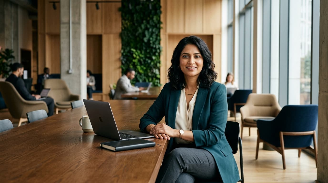 Smiling professional woman in a teal blazer sitting at a laptop in a modern office.