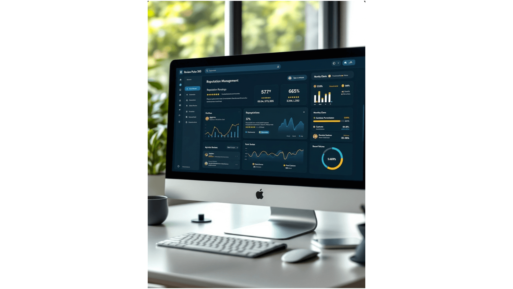 iMac displaying a dark reputation management dashboard with various data charts and business metrics.