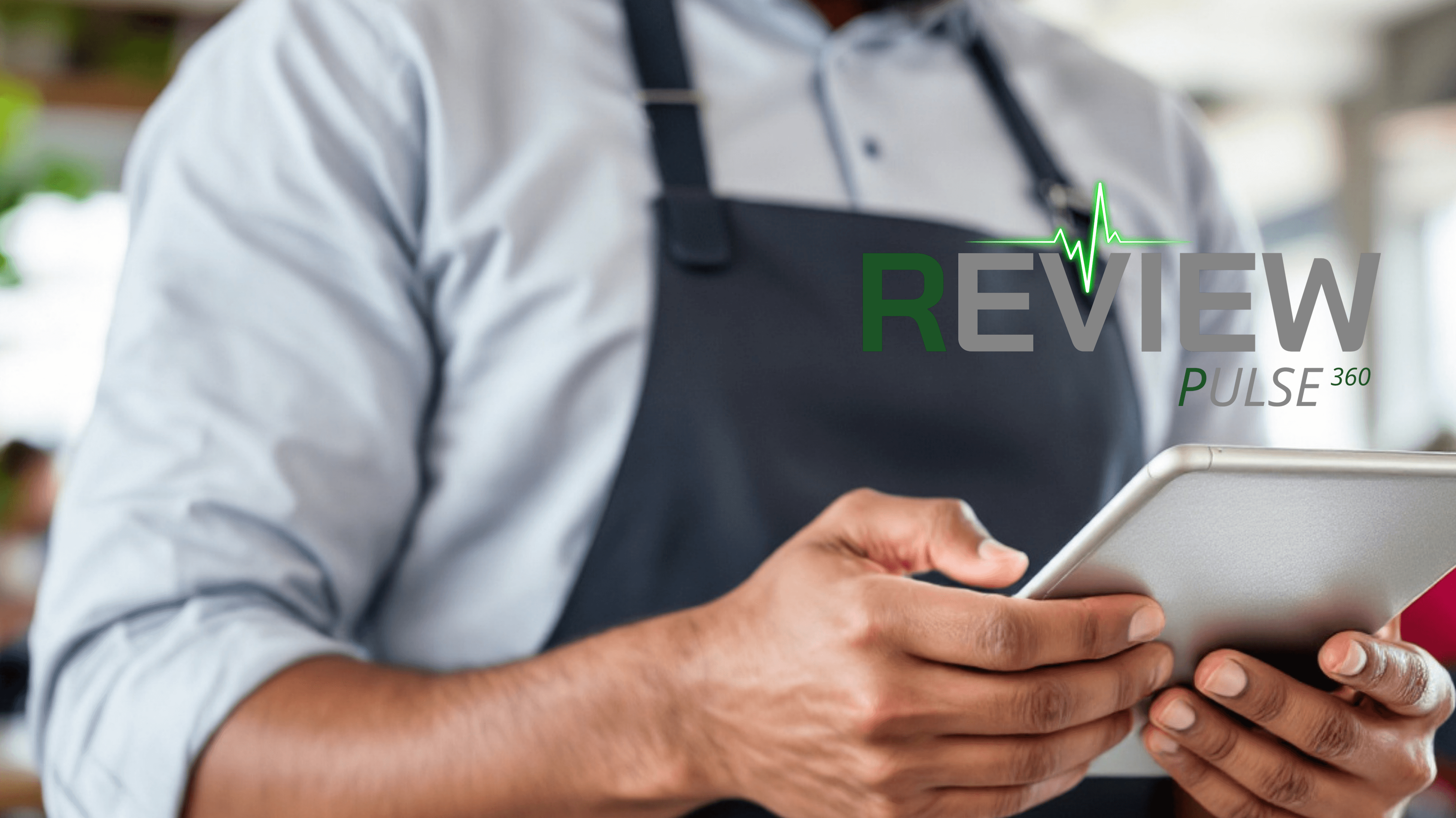 Worker in an apron using a tablet with Review Pulse 360 logo and pulse graphic.