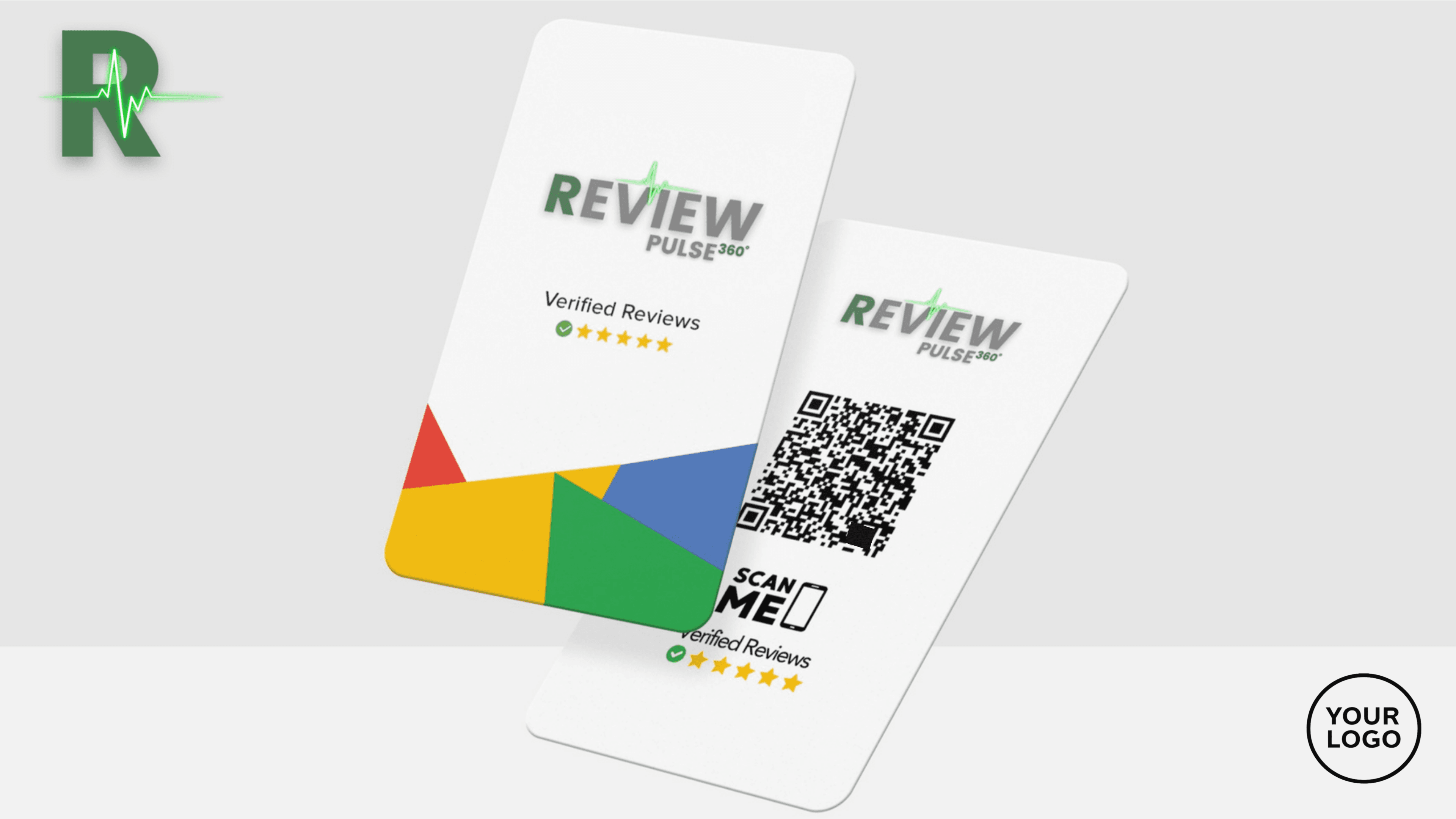 Two white Review Pulse 360 cards with QR code, five-star ratings, and colorful geometric patterns.