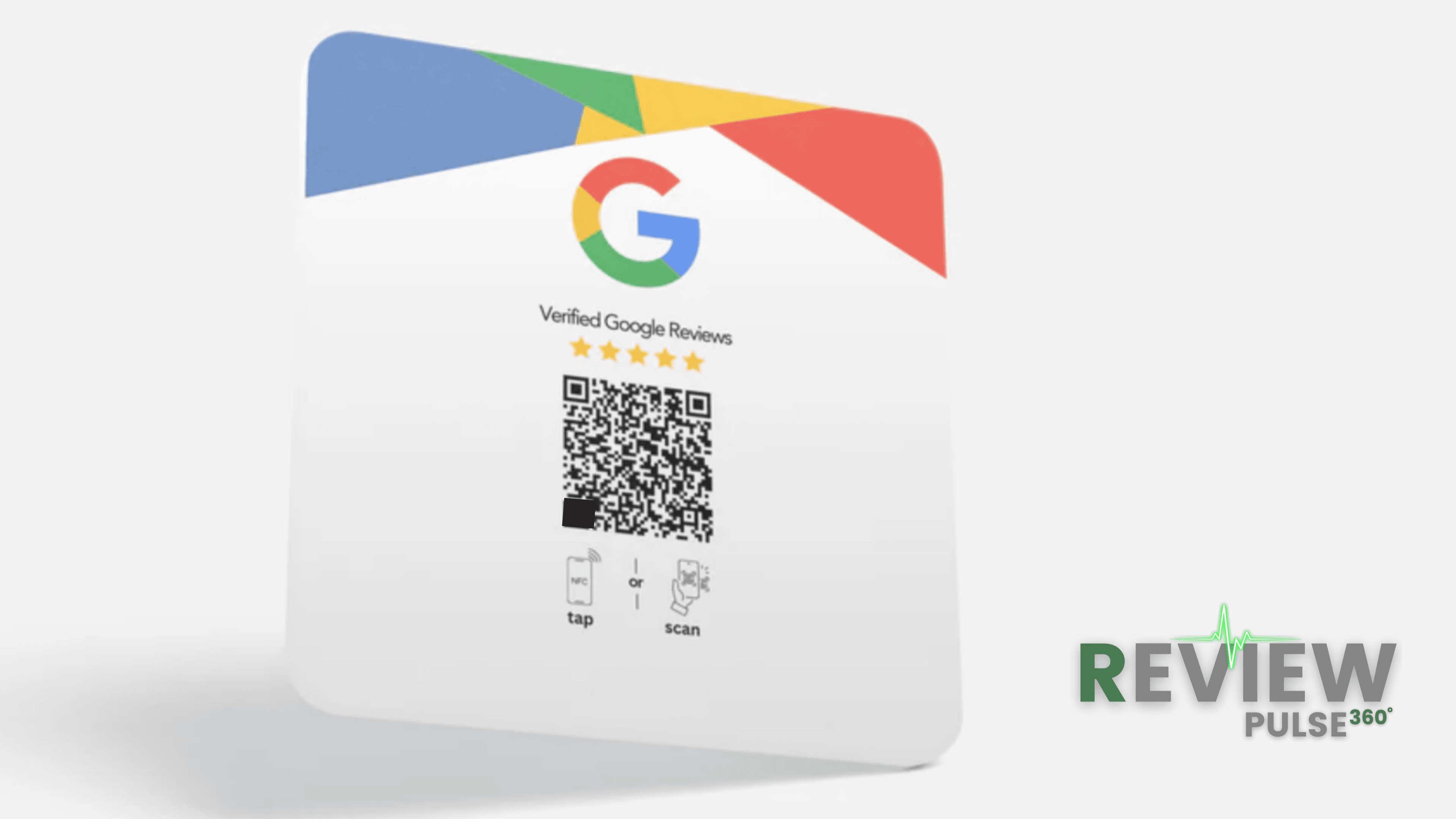 White Google review card with QR code, five stars, and tap or scan instructions.