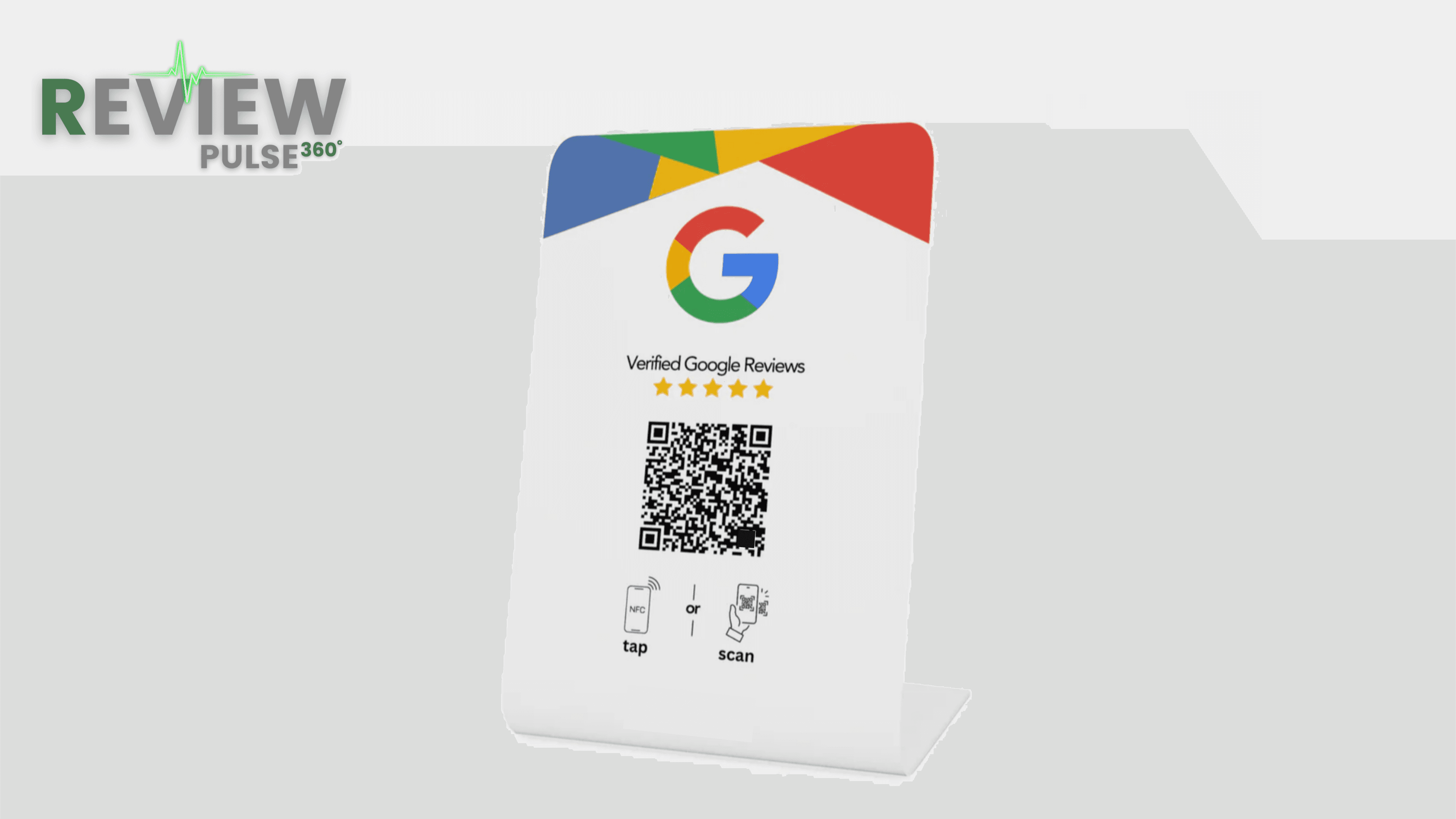 White Google review stand featuring a QR code, NFC tap, and five-star rating display.
