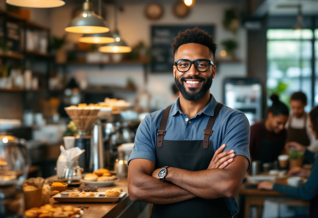 Smiling Black man with glasses and crossed arms wearing an apron in a cafe.