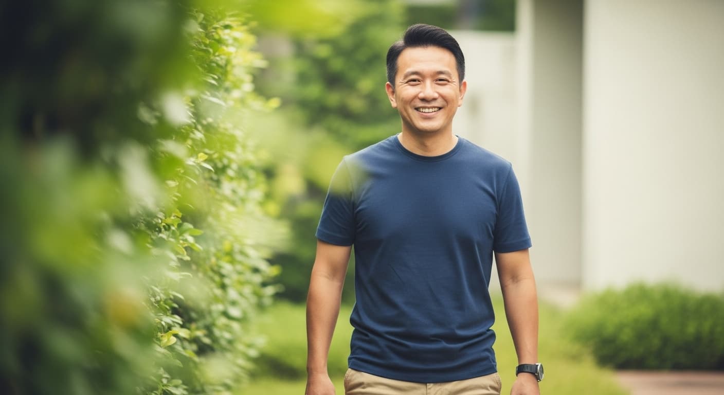 Smiling Asian man in a navy t-shirt standing outdoors in a lush green garden.