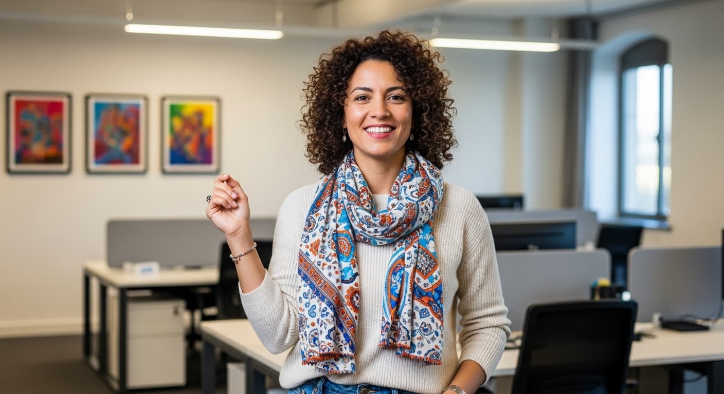 Smiling woman with curly hair and a colorful scarf stands in a modern office environment.