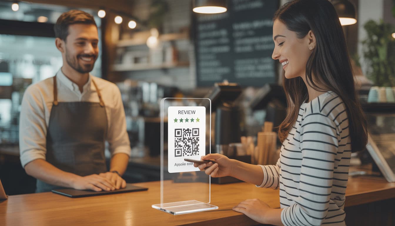 Customer scans a five-star review QR code on a clear stand at a cafe counter.