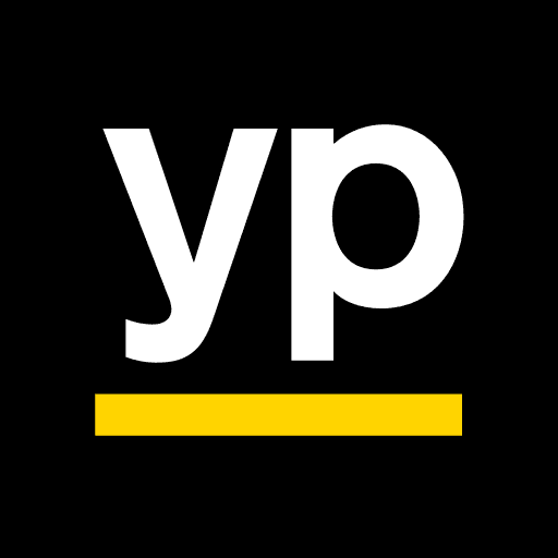 YP logo with white lowercase letters yp and a thick yellow line on black.
